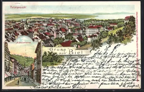 Lithographie Biel, Nidaustrasse, Totalansicht des Ortes aus der Vogelschau