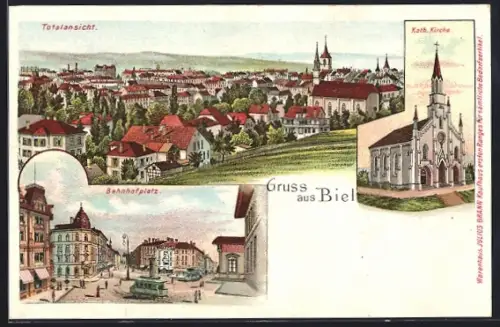 Lithographie Biel, Totalansicht, Bahnhofplatz, Kath. Kirche