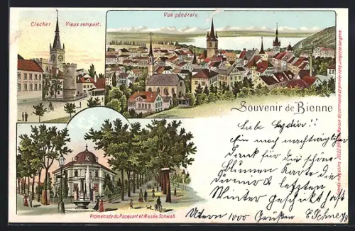 Lithographie Biel, Zeitglockenturm u. alte Stadtmauer, Pasquartallee u. Museum Schwab, Totalansicht des Ortes