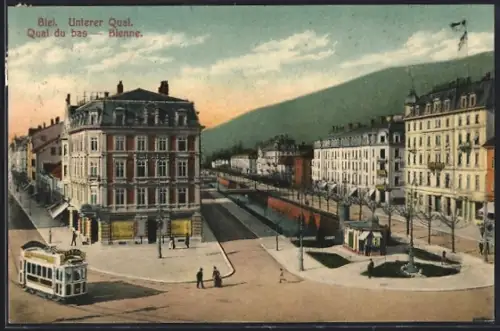 AK Biel, Unterer Quai mit Anlagen, Strassenbahn
