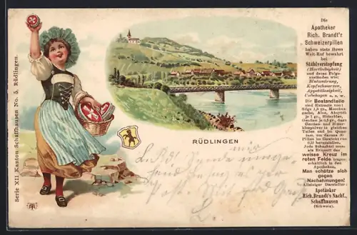 Lithographie Rüdlingen, Reklame für Apotheker Rich. Brandt`s Schweizerpillen, Teilansicht mit Brücke