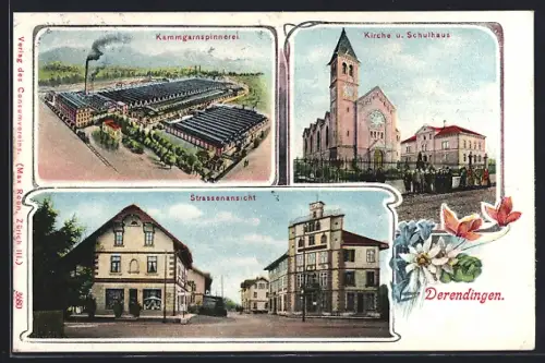 AK Derendingen, Kammgarnspinnerei, Kirche und Schulhaus, Strassenansicht