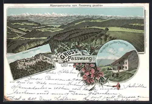 Lithographie Passwang, Wirtschaft zum Ober-Passwang, Aussichtspunkt und Alpenpanorama