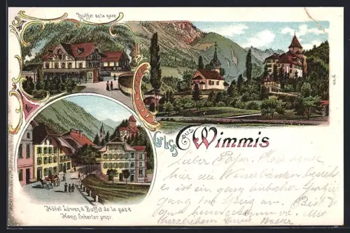 Lithographie Wimmis, Hotel Löwen, Buffet de la Gare, Hans Scherler propr.