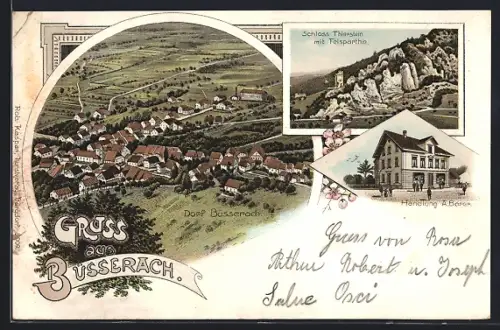 Lithographie Büsserach, Handlung von A. Borer, Schloss Thierstein mit Felspartie