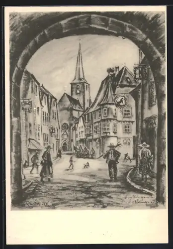 Künstler-AK Finstingen an der Saar, Unter dem Stadttor