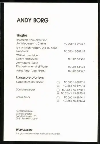 AK Musiker Andy Borg sitzt auf einem Geländer, Autograph