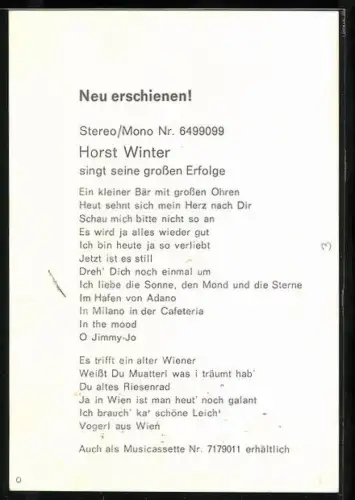 AK Musiker Horst Winter lächelnd im Porträt, Autograph