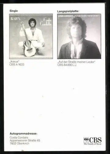 AK Musiker Costa Cordalis mit Gitarre, Autograph
