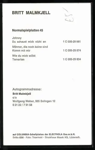 AK Musikerin Britt Malmkjell in die Kamera blickend, Autograph