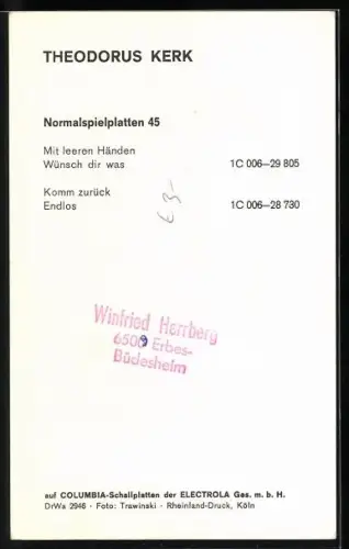 AK Musiker Theodorus Kerk im Porträt mit Autograph