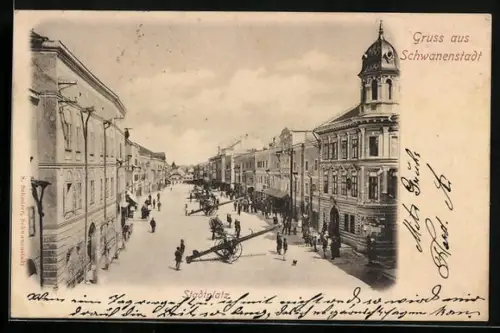 AK Schwanenstadt, Feuerwehrmänner mit Leiterwagen auf dem Stadtplatz