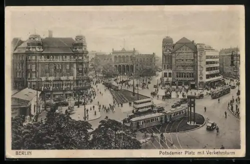AK Berlin-Tiergarten, Blick auf den Potsdamer Platz mit Verkehrsturm, Strassenbahn