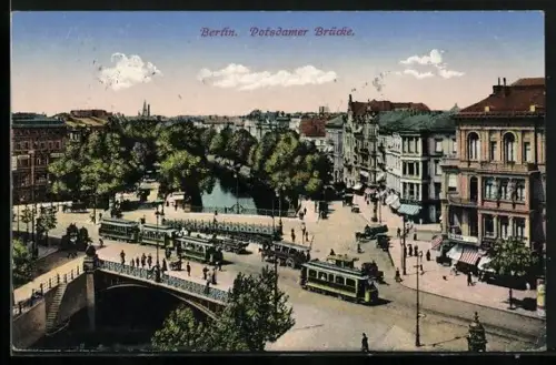 AK Berlin-Tiergarten, Potsdamer Brücke, Litfasssäule, Strassenbahn