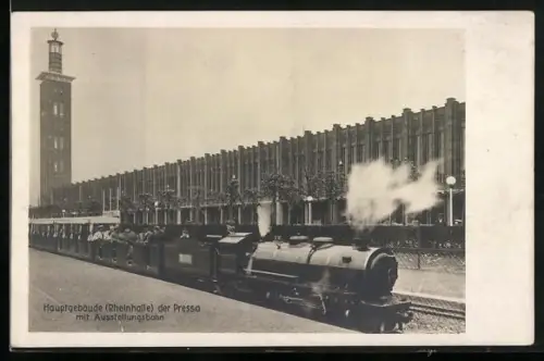 Foto-AK Köln, Hautgebäude der Pressa mit Ausstellungsbahn