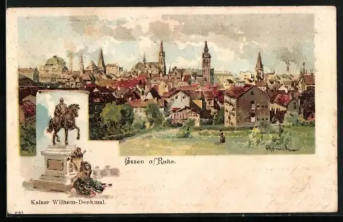 Künstler-AK Karl Heinisch: Essen, Kaiser Wilhelm-Denkmal, Stadtpanorama