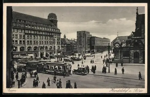 AK Essen, Handelshof und Börse mit Strassenbahn
