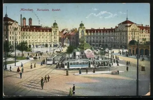 AK München, Strassenbahnen kreuzen den Karlsplatz