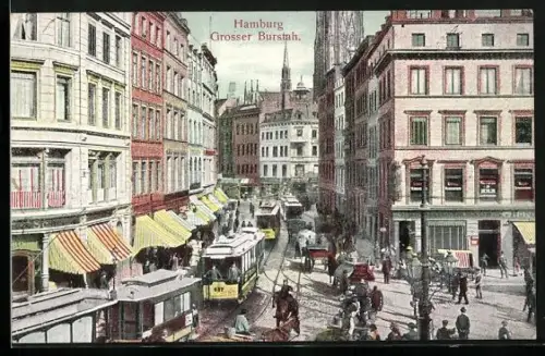 AK Hamburg, Grosser Burstah, Strassenbahnen, Geschäfts-und Häuserfassaden