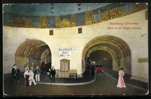 AK Hamburg-St. Pauli, Elbtunnel, Blick in beide Tunnel