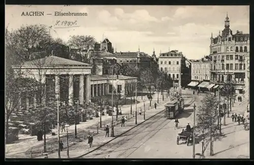 AK Aachen, Strassenbahn am Elisenbrunnen, Pferdekutschen