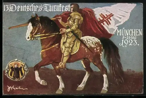 AK München, 13. Deutsches Turnfest 05.-21. Juli 1923, Ritter auf seinem Pferd