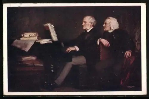 AK Komponist Liszt und Komponist Wagner sitzen zusammen am Klavier