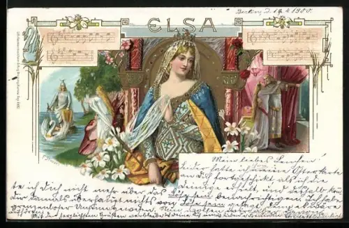 Künstler-AK Franz Stassen: Elsa, Lohengrin auf seinem Boot vom Schwan gezogen, Notenzeilen