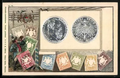 AK Prinzregent Luitpold v. Bayern, 3 Reichsmark, Geld, Briefmarken, Wappen