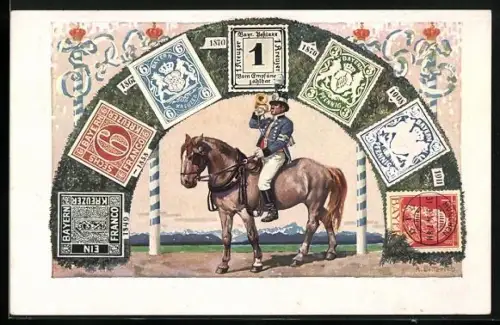 AK Postillion und Luitpold von Bayern, Diverse Briefmarken 1867-1911
