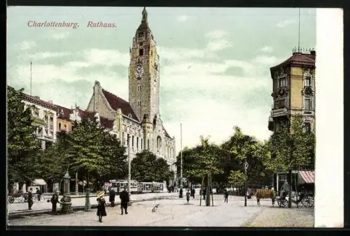 AK Berlin-Charlottenburg, Rathaus und Strassenbahn