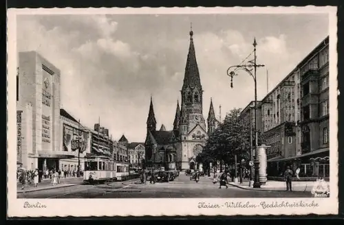 AK Berlin-Charlottenburg, Kaiser-Wilhelm-Gedächtniskirche, Strassenbahn