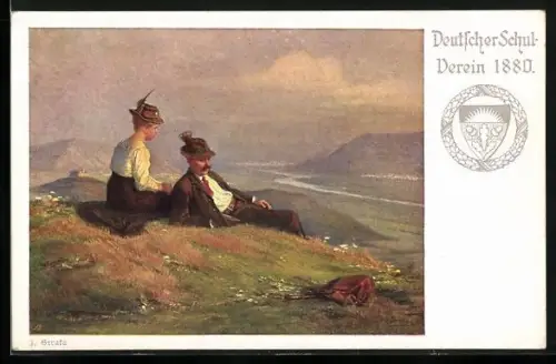 Künstler-AK Josef Straka: Paar macht Rast auf einem Berg, Deutscher Schulverein