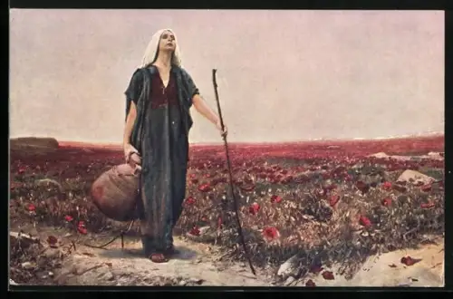 AK Blinde mit Stock und einem Krug an einer Blumenwiese