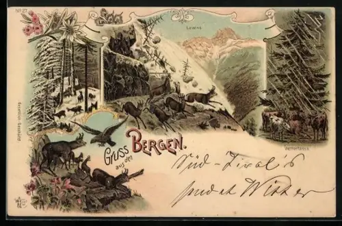 Lithographie Gemsen fliehen vor einer Lawine, Kühe unter einer Wettertanne