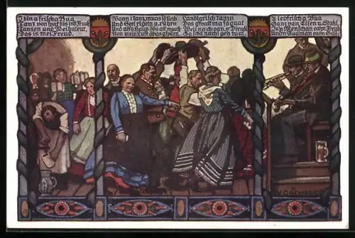 AK Deutscher Schulverein Nr. 505: Szene bei einem Volksfest, Musik und Tanz