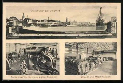 AK Hamburg-St. Pauli, Elbtunnel, Fördermaschine für einen Fahrstuhl, Maschinenraum, Durchmesser