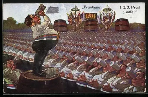 AK Männer in Reih und Glied bei einer Freiübung im Biertrinken