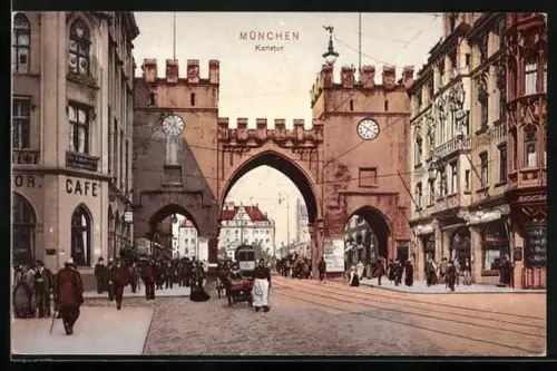 AK München, Cafe am Karlstor, Strassenbahn