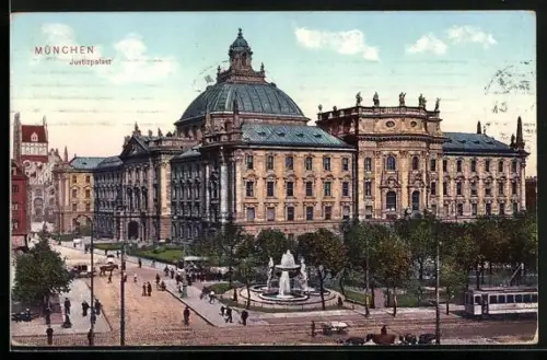 AK München, Strassenbahn vor dem Justizpalast