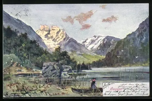 AK Allegorie August, Frau in einem Boot vor Bergen
