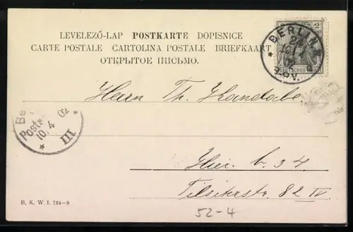 AK Allegorie August, Frau in einem Boot vor Bergen