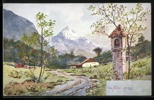 AK Allegorie Mai, Wegschrein und blühende Bäume an einem Fluss