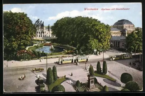 AK Wiesbaden, Kurhaus mit Stadttheater und Strassenbahn