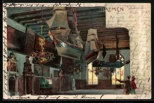 Künstler-Lithographie Heinrich Kley: Bremen, Rathaussaal mit Schiffsmodellen, Innenansicht