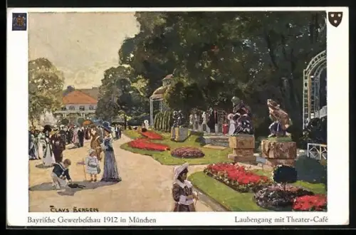 Künstler-AK Claus Bergen: München, Bayrische Gewerbeschau, Laubengang mit Theater-Café