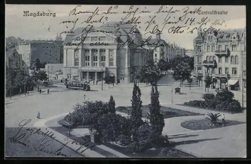 AK Magdeburg, Zentral-Theater am Kaiser-Wilhelm-Platz, Strassenbahn
