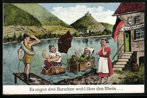 Künstler-AK Es zogen drei Burschen wohl über den Rhein, Scherz