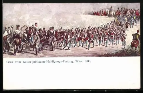 AK Wien, Kaiserhuldigung 1908, Soldaten im Festzug