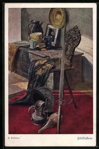Künstler-AK Franz Kuderna: Stillleben, Ritterhelm, Umhang und zweihändiges Schwert, Deutscher Schulverein